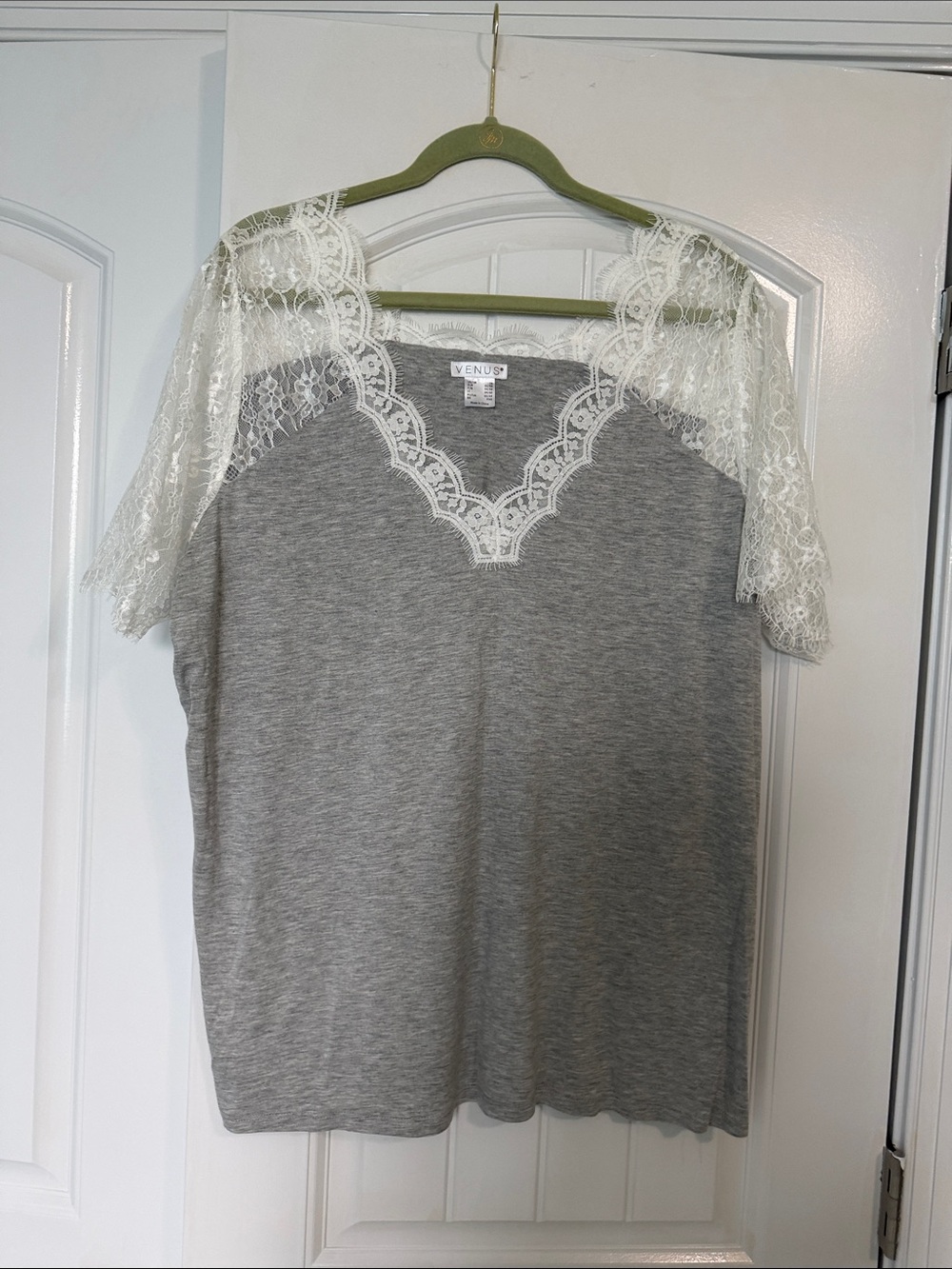 VENUS Gray Tee with Ivory Lace Yoke
